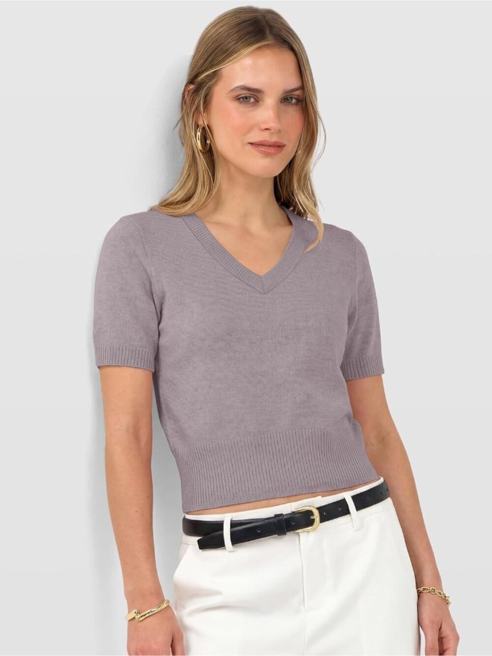 〽️Women Nutmeg Short Sleeve V Neck Business Casual Lightweight Cropped Sweaters